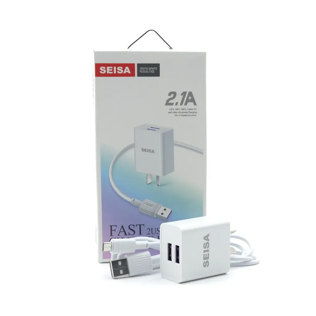 [TC02V] CARGADOR 2.1AMP CON CABLE V8 2 PUERTOS USB SEISA