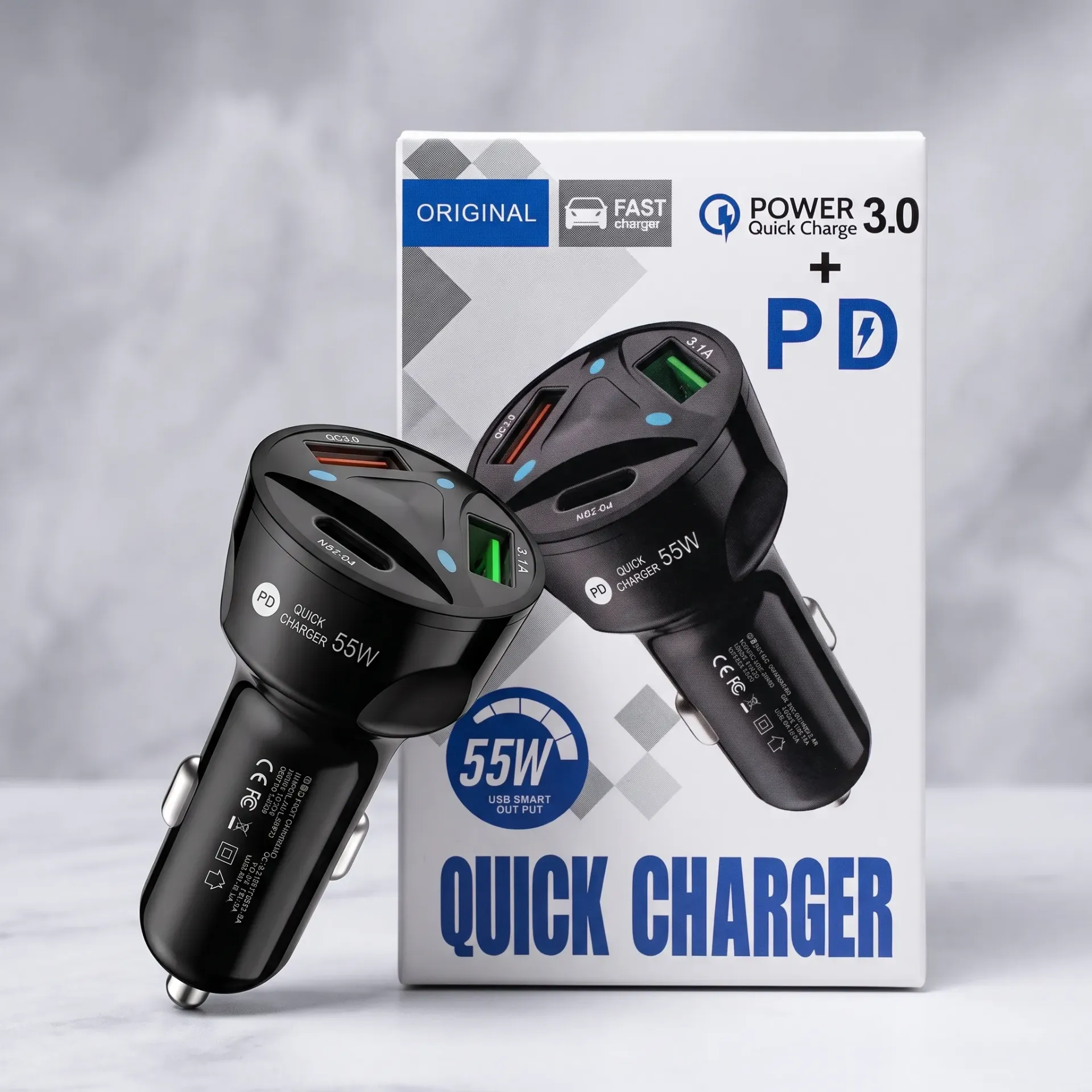 CARGADOR AUTO 55W PD 2 USB Y 1 TIPO C