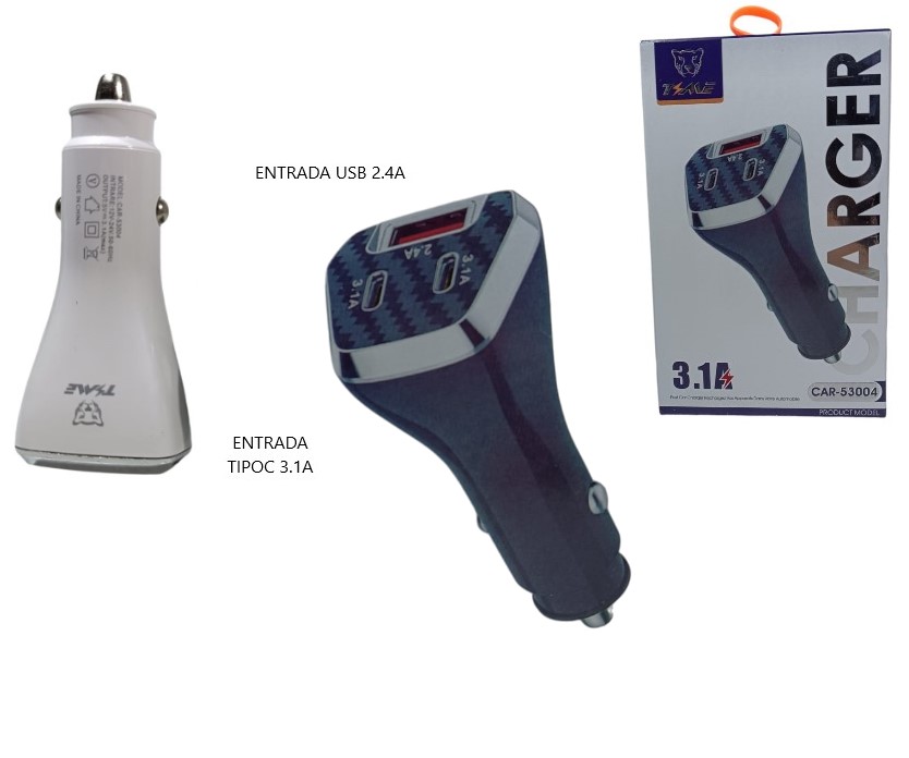CARGADOR DE AUTO 3.1AMP 1USB Y 2 TIPO C