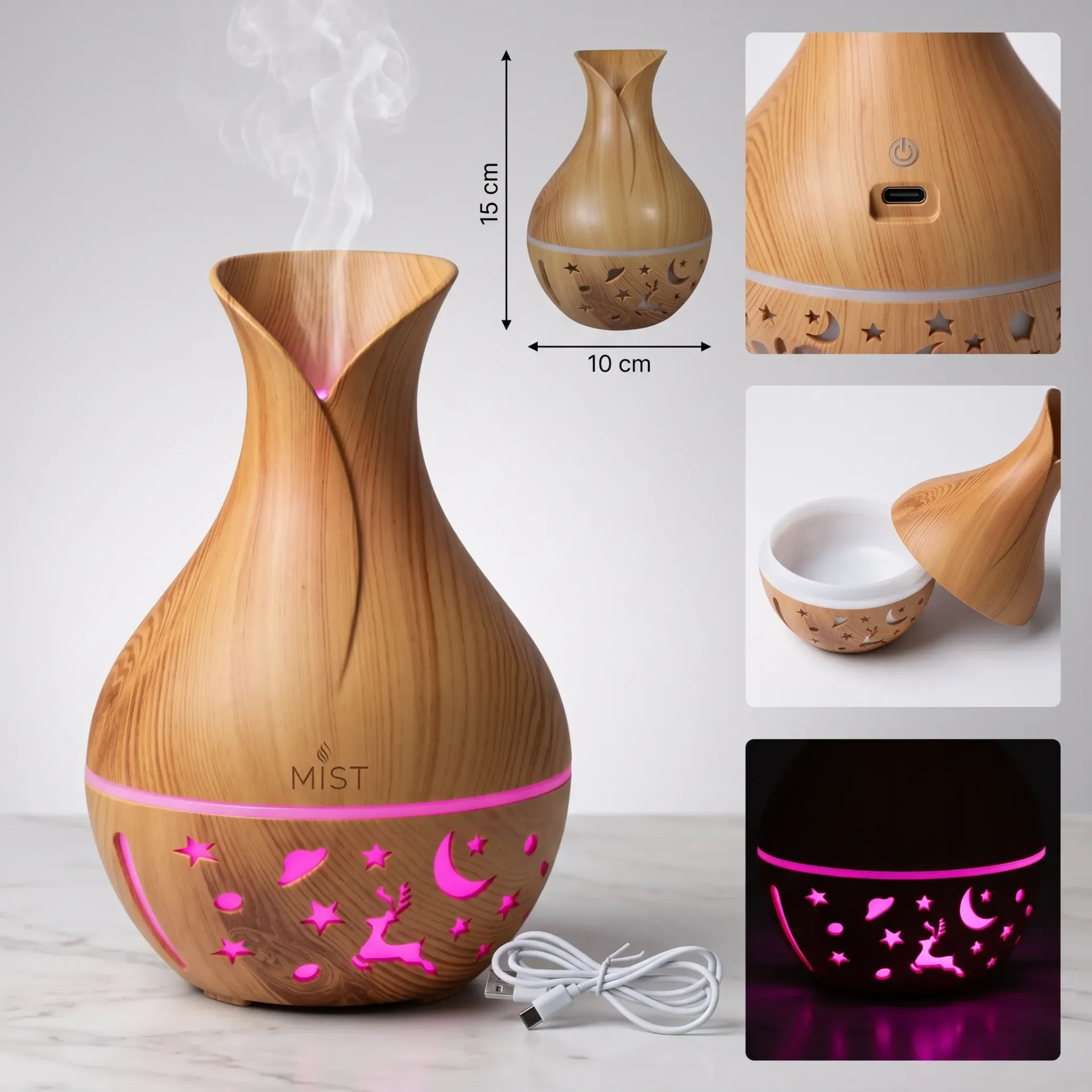 HUMIDIFICADOR DE MADERA CON LUZ LED