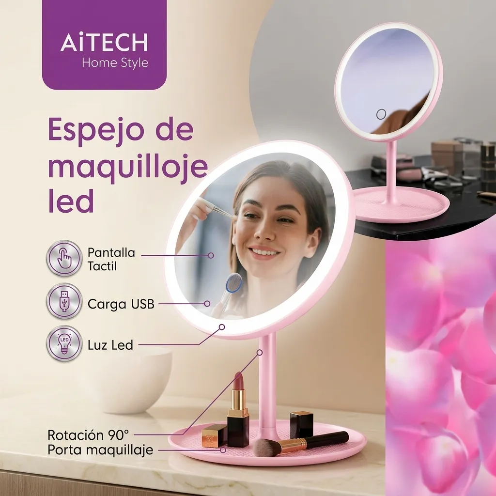 [AIEM010100B] ESPEJO DE MAQUILLAJE AITECH LUCES LED