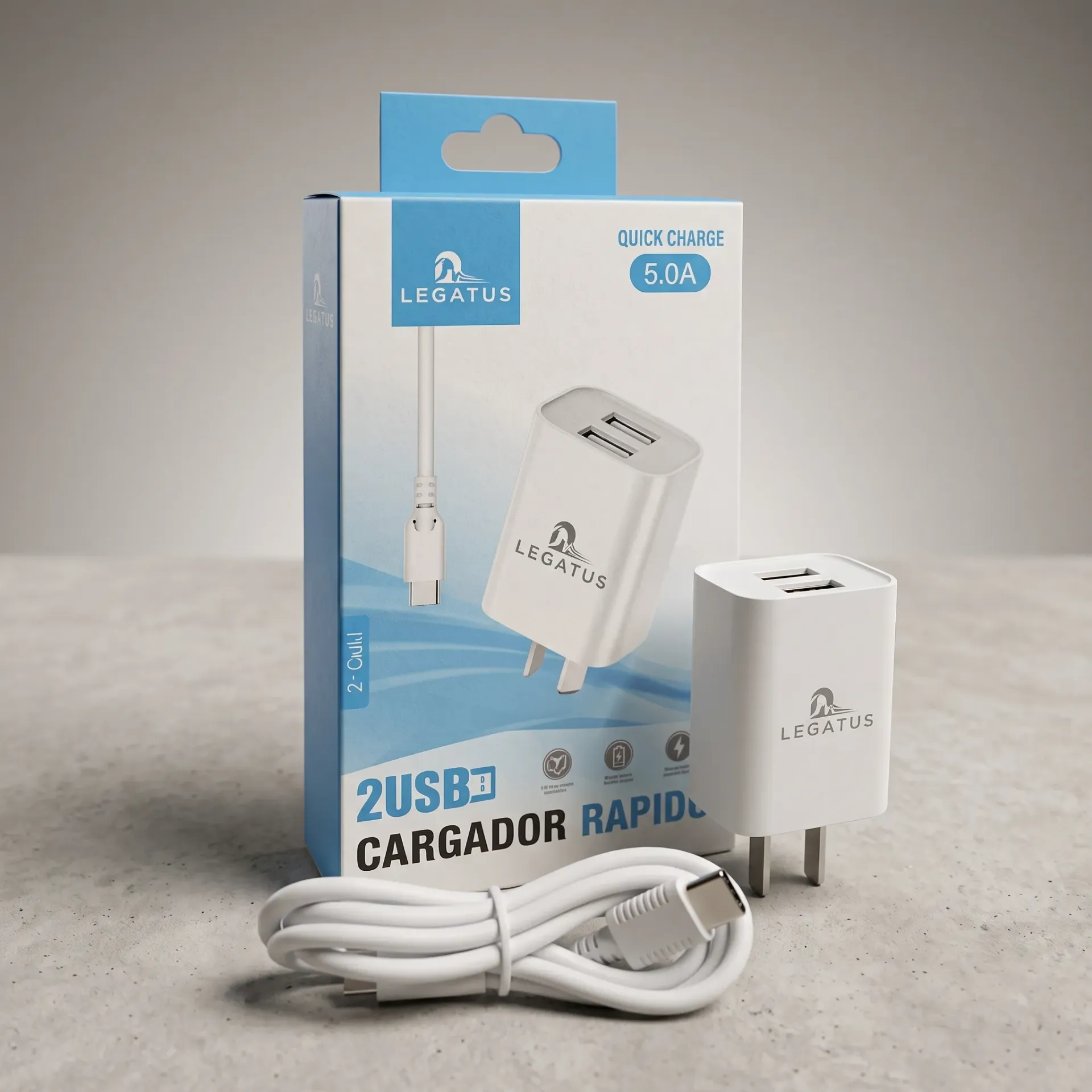 CARGADOR LEGATUS 5.0A C/CABLE TIPO C Y 2 USB