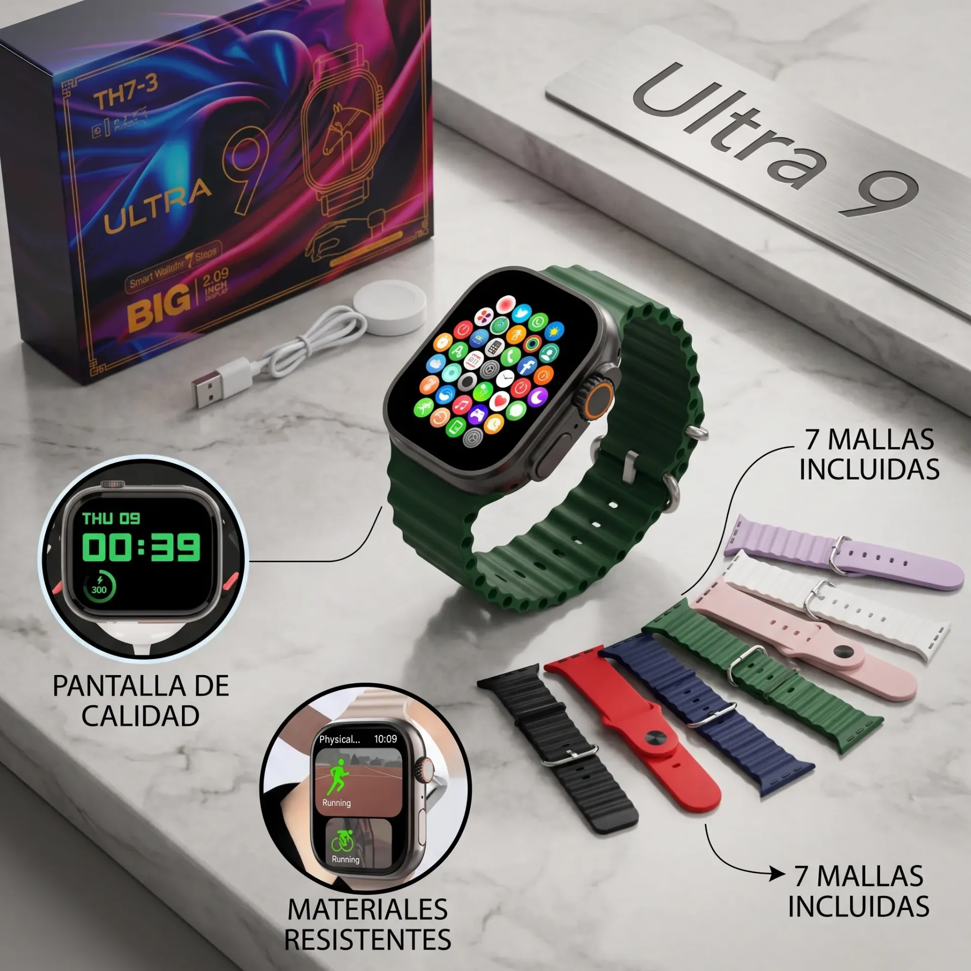 RELOJ SMART ULTRA 9 BIG C/7 MALLAS TH7-3