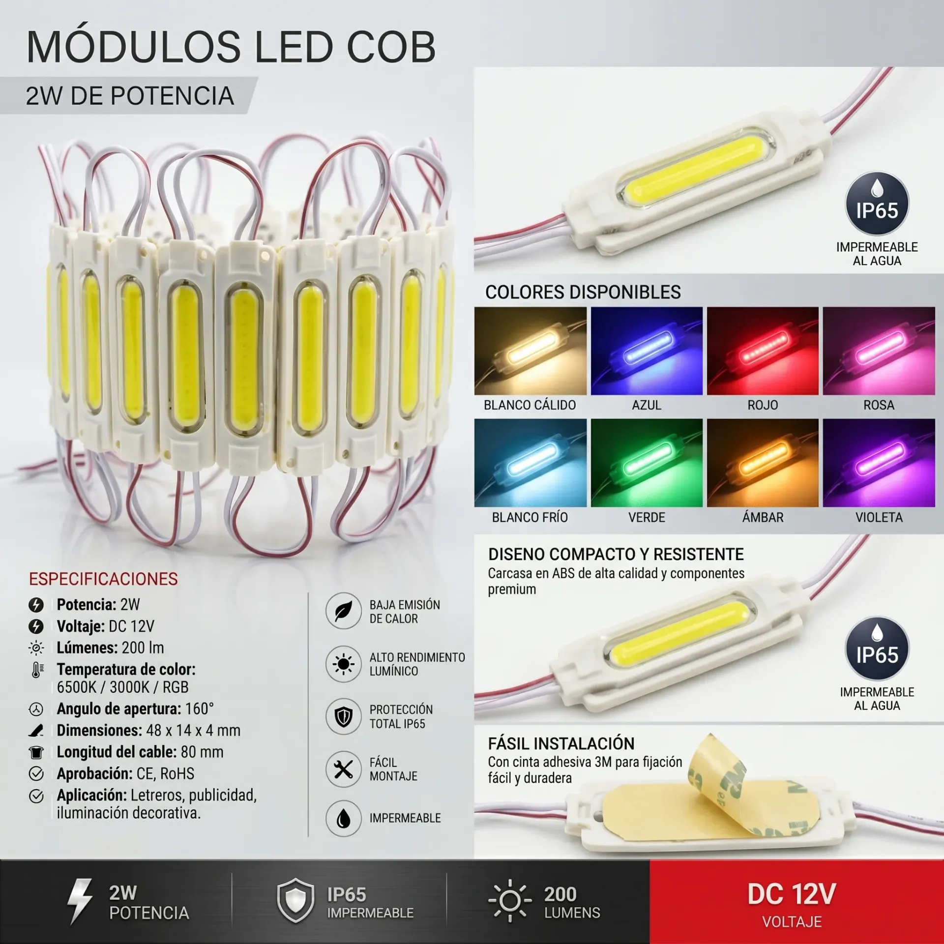 MODULO LED COB 12V ALTA POTENCIA BLANCO FRIO Y VARIOS COLORES MAS