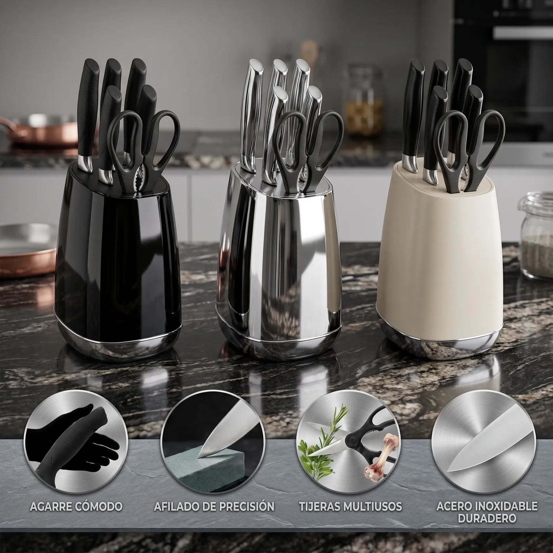 SET DE CUCHILLOS ACERO 7 PCS CON BASE