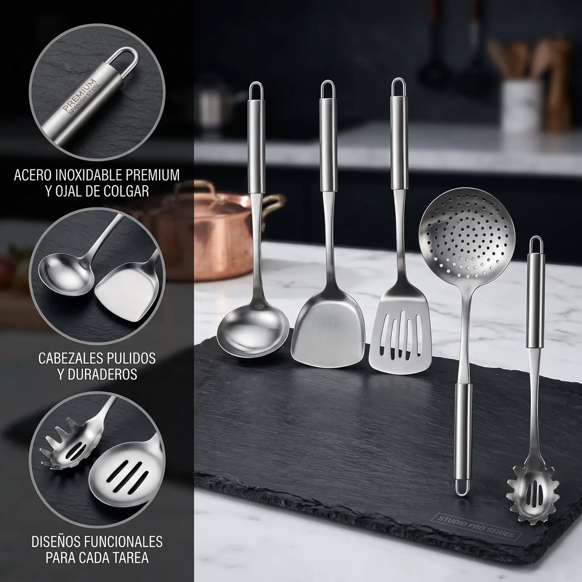 SET UTENSILIOS X5 DE COCINA DE ACERO