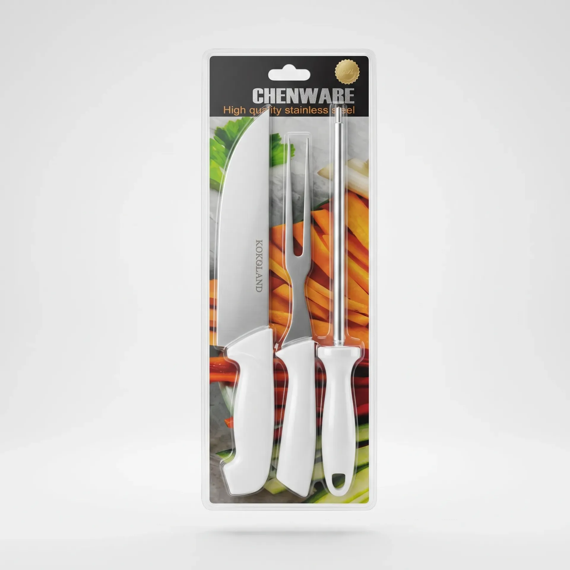 CUCHILLO CON AFILADOR Y TENEDOR 3PCS