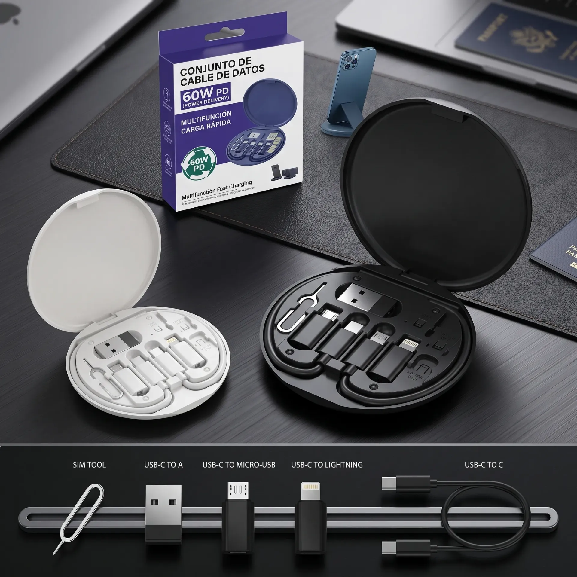 SET DE CABLES Y ADAPTADORES USB-TIPO C-V8-IPHONE 60W