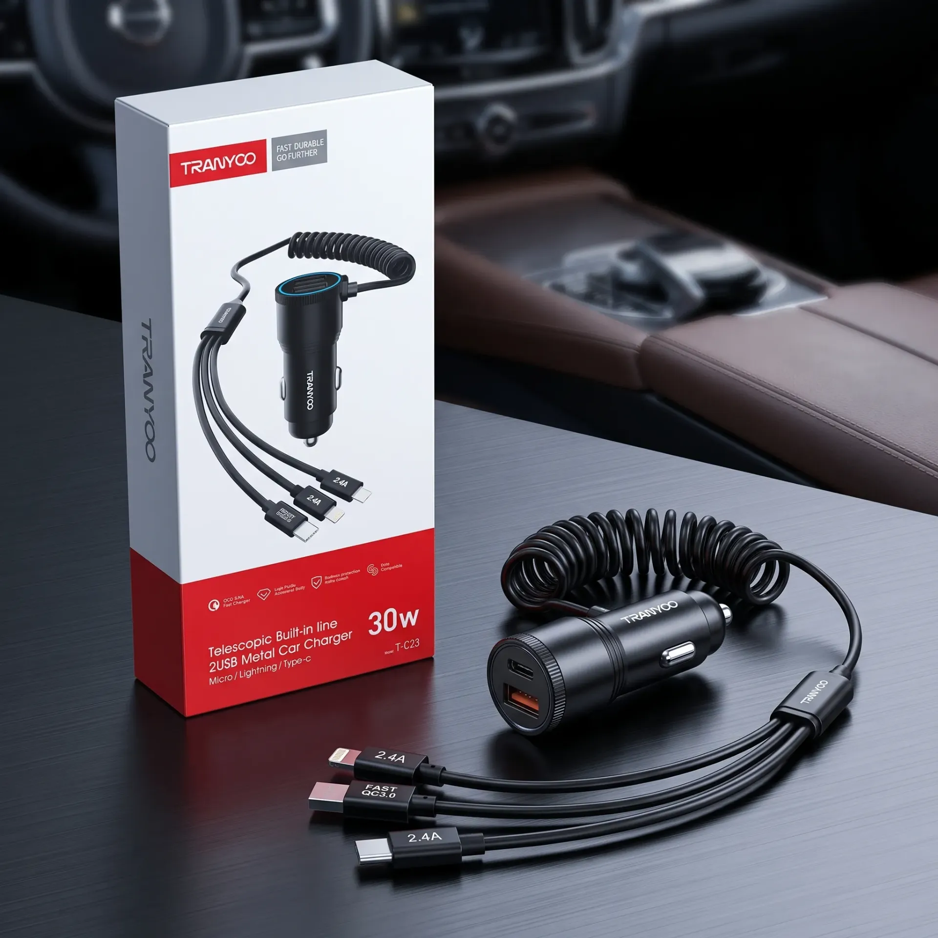 CARGADOR P/AUTO CARGA RAPIDA 2 USB METAL 30W
