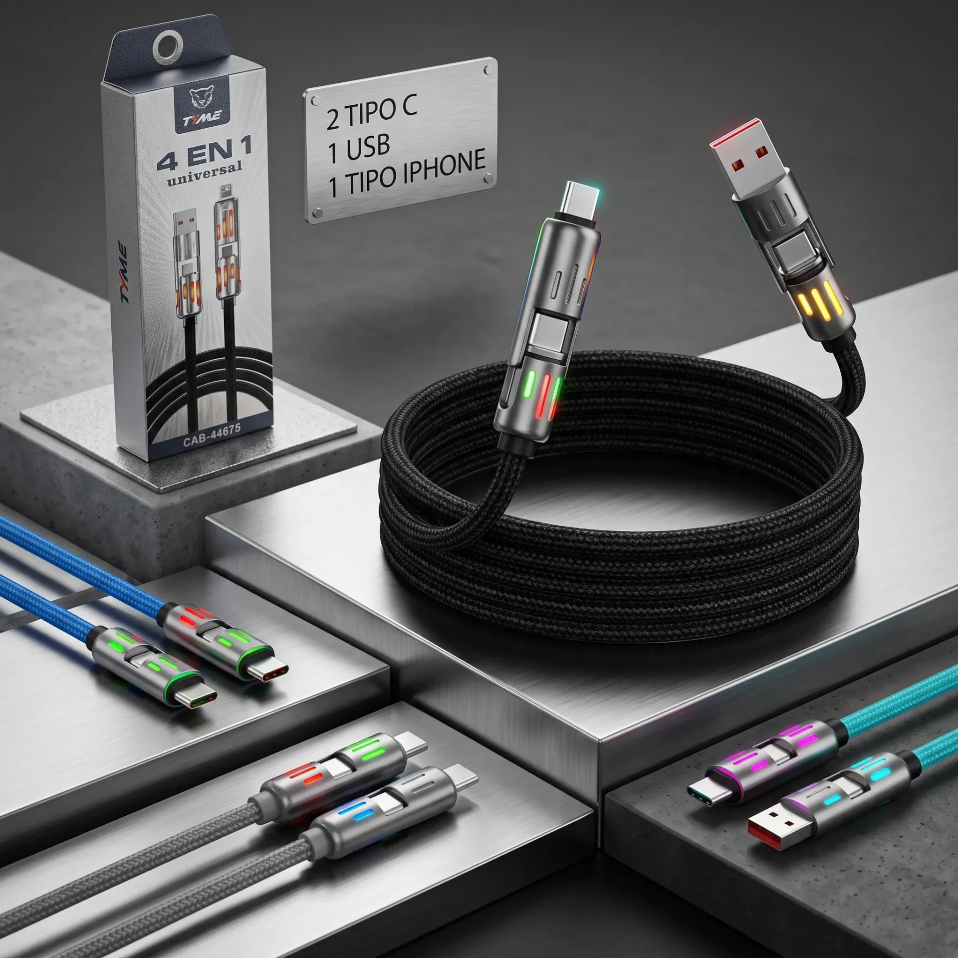 CABLE 4 EN 1  - 2 TIPO C - 1 USB - 1 IPHONE