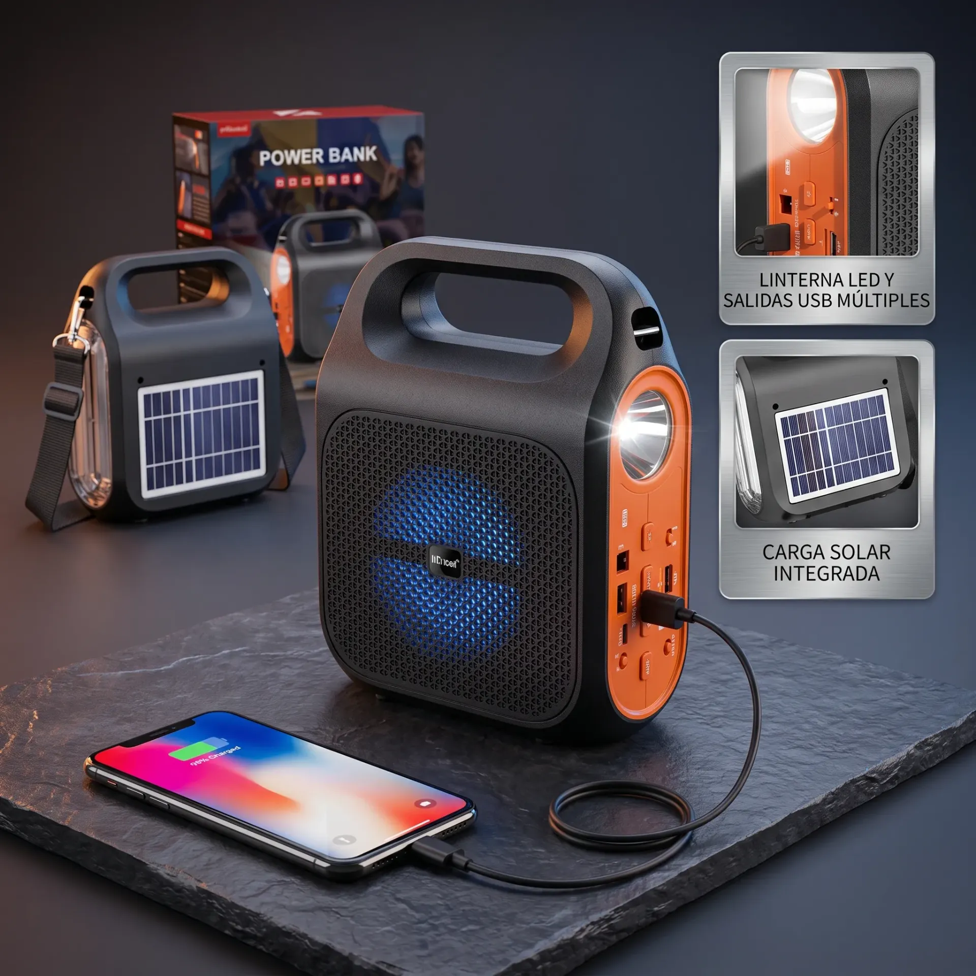 PARLANTE BLUETOOTH SOLAR LINTERNA Y POWER BANK