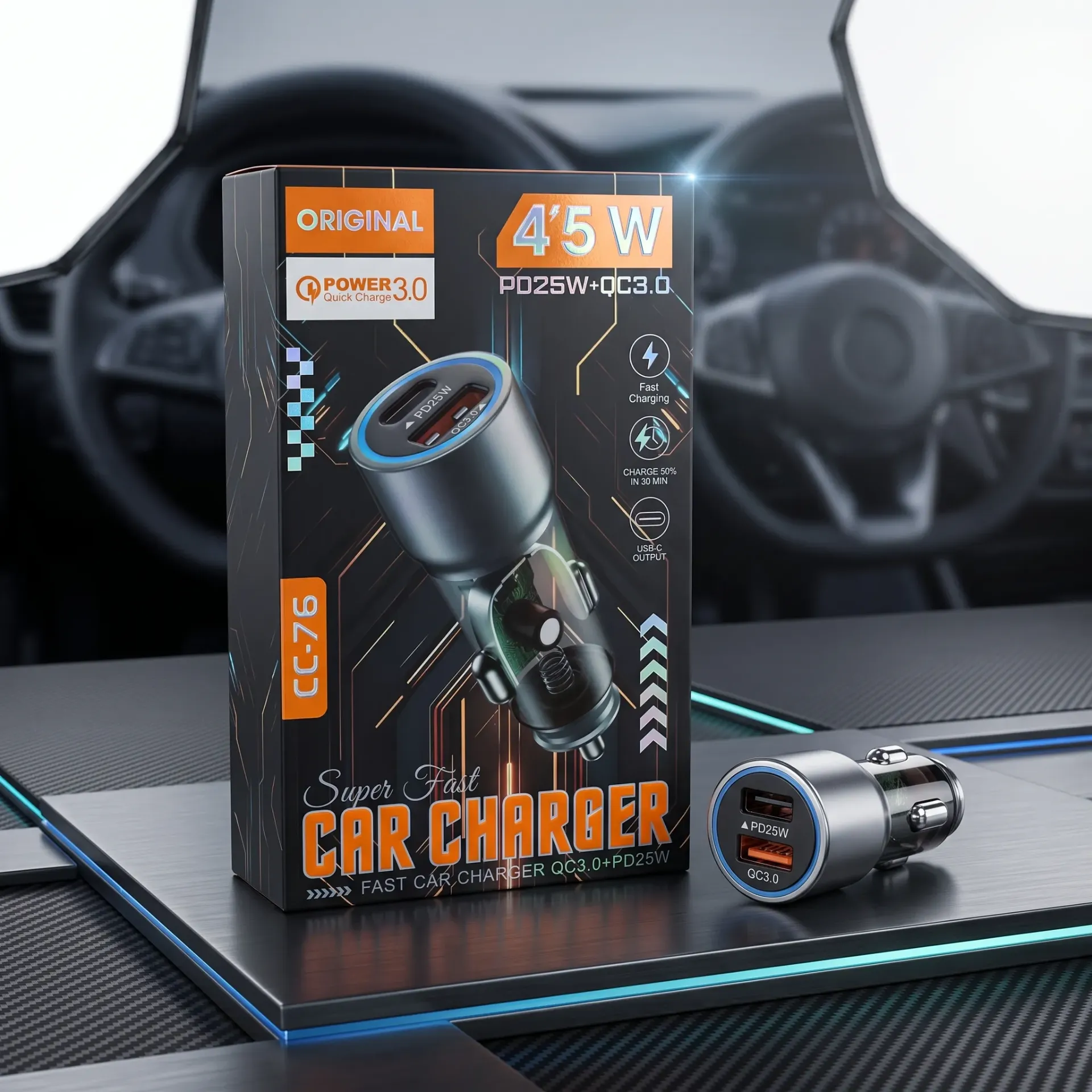 CARGADOR CABEZAL 12V PARA AUTO 45W USB Y TIPO C