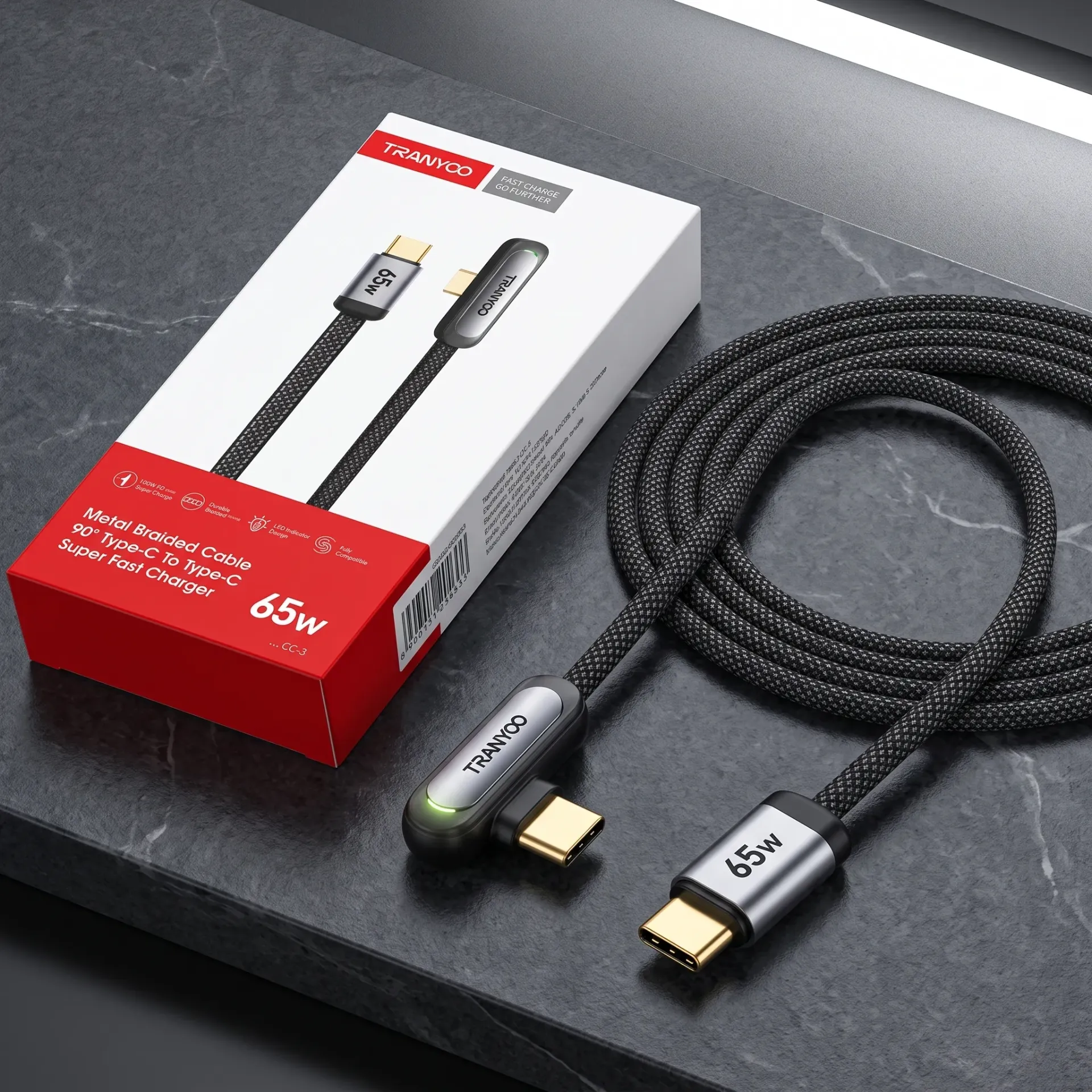 CABLE TIPO C CARGA RAPIDA 65W CON CONECTOR EN ANGULO Y LUZ INDICADORA