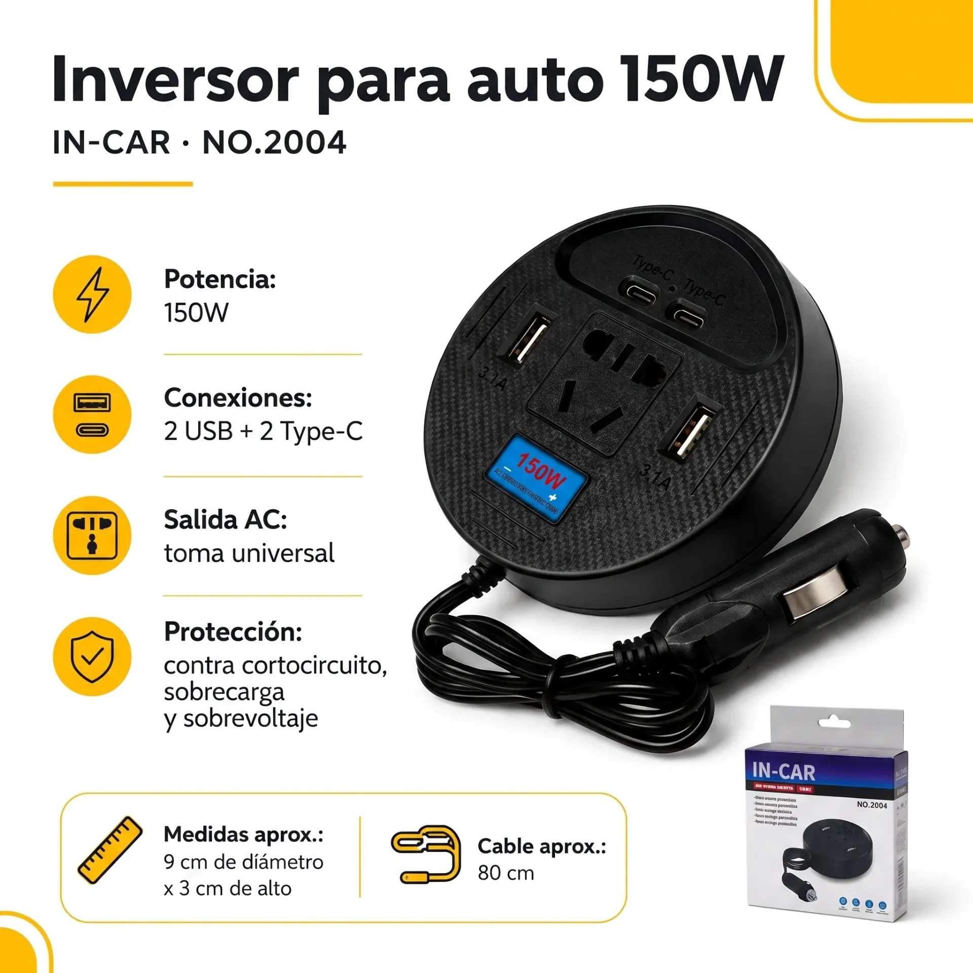 INVERSOR DE CORRIENTE PARA AUTO 150W + 2 USB + 2 TIPO C