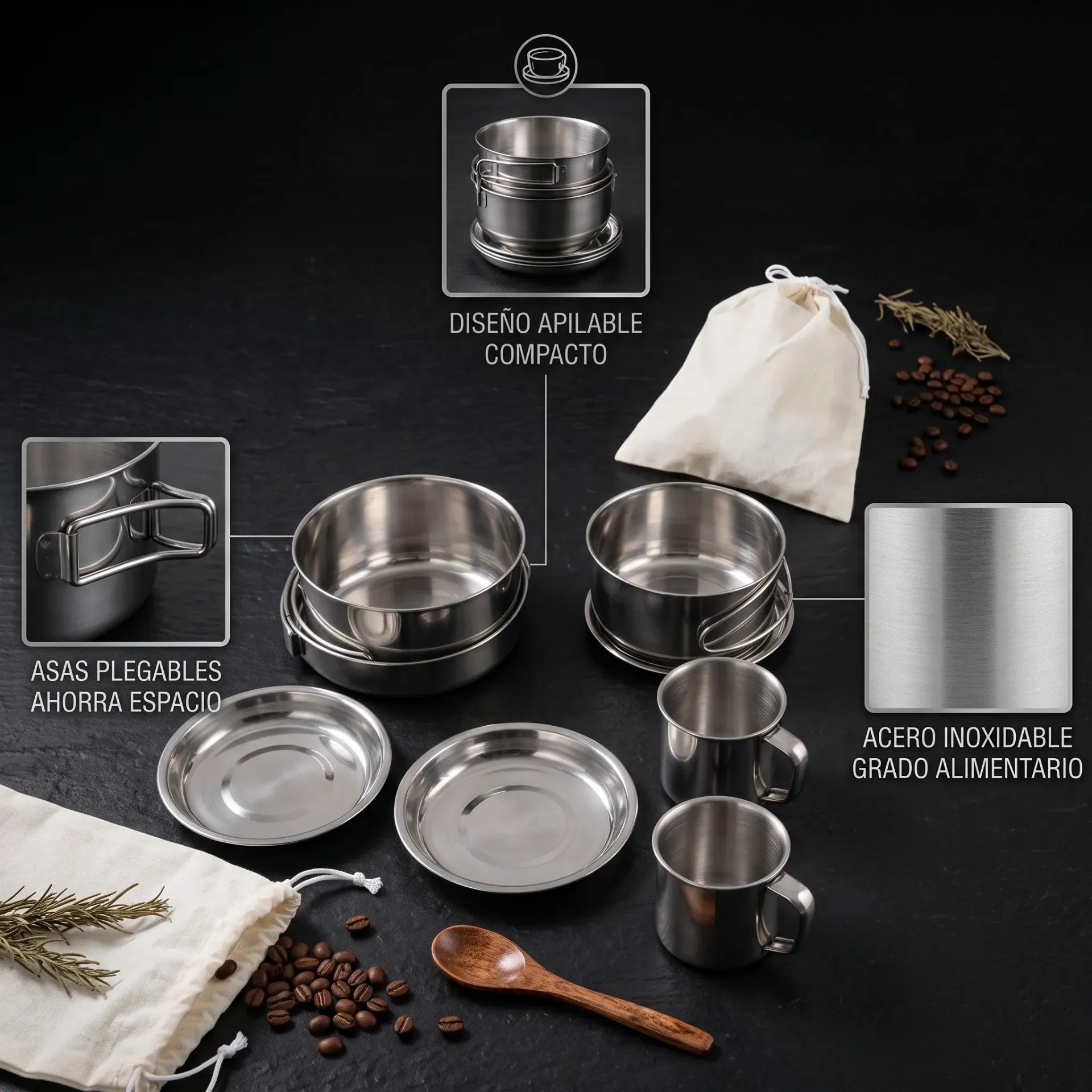 SET DE OLLAS DE ACERO 8PCS PARA CAMPING