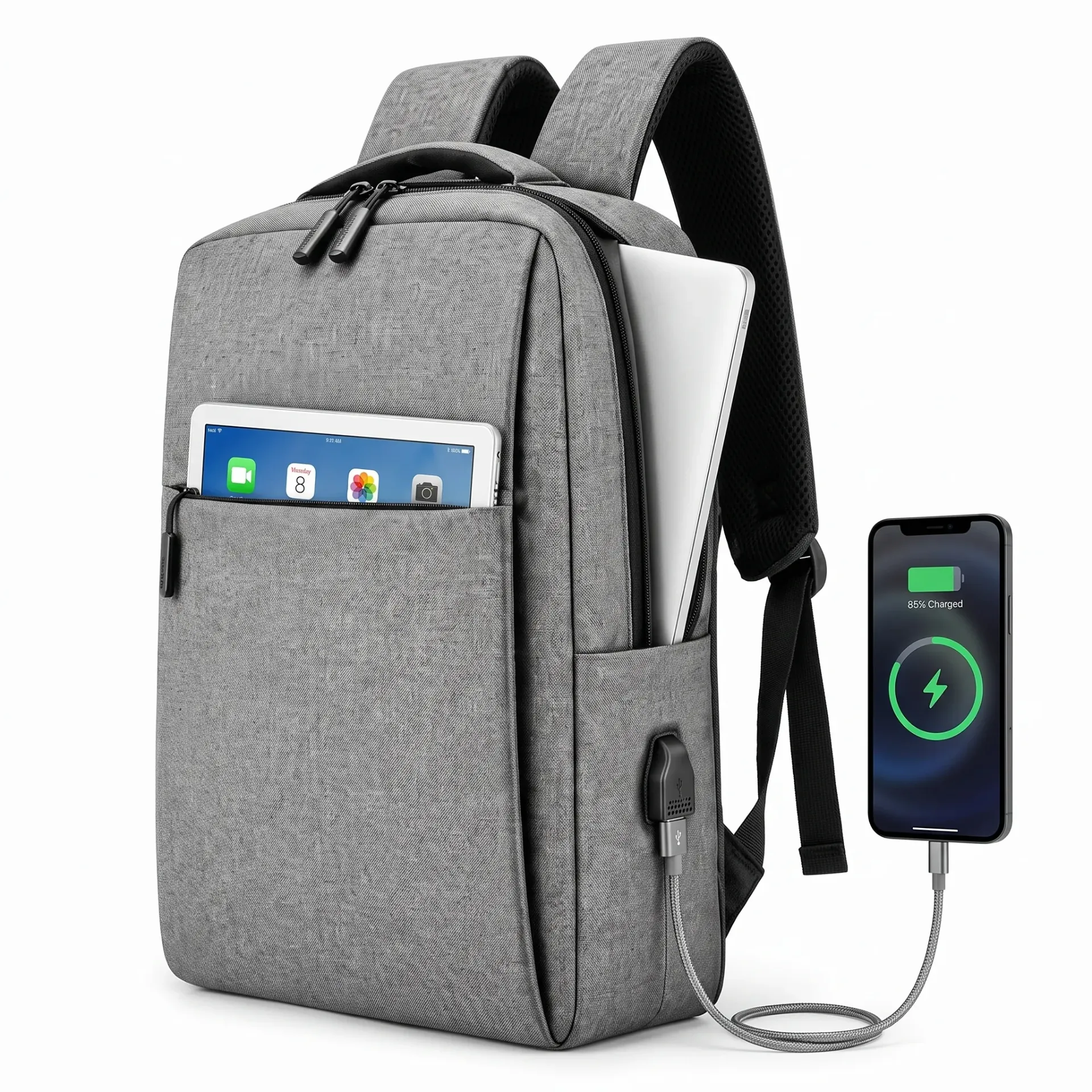 MOCHILA REFORZADA P/NOTEBOOK C/CABLE USB GRIS O NEGRA